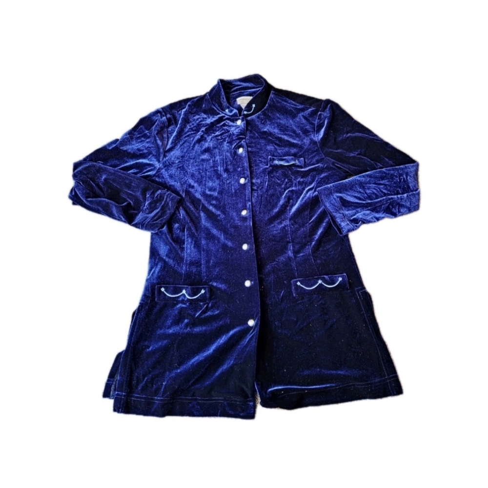Vintage 90s  Crushed Blue Velvet Floral Tunic Jacket  Large Whimsigoth Lagenlook